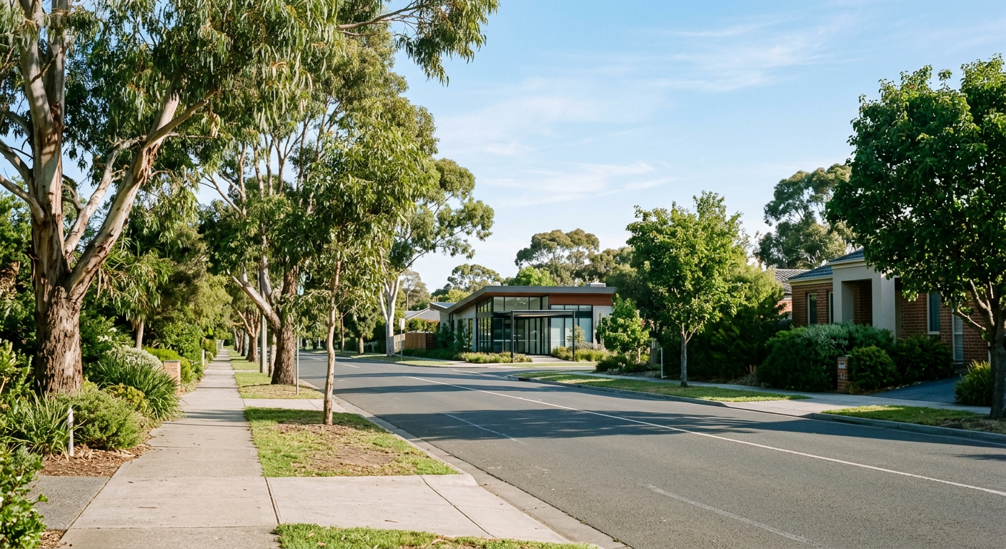 Quiet leafy suburban street in Bundoora with a low-rise medical building in the distance