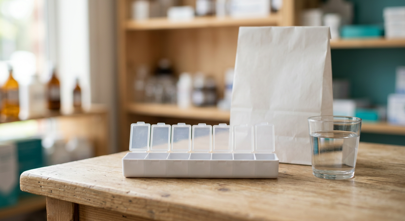 Pharmacy dispensing bench with a weekly dose administration tray and a glass of water